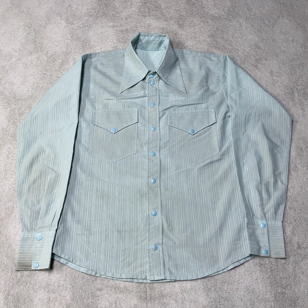 Vintage Western Pearl Snap Shirt Blue Striped Disco Pointed Dagger Collar Mens L